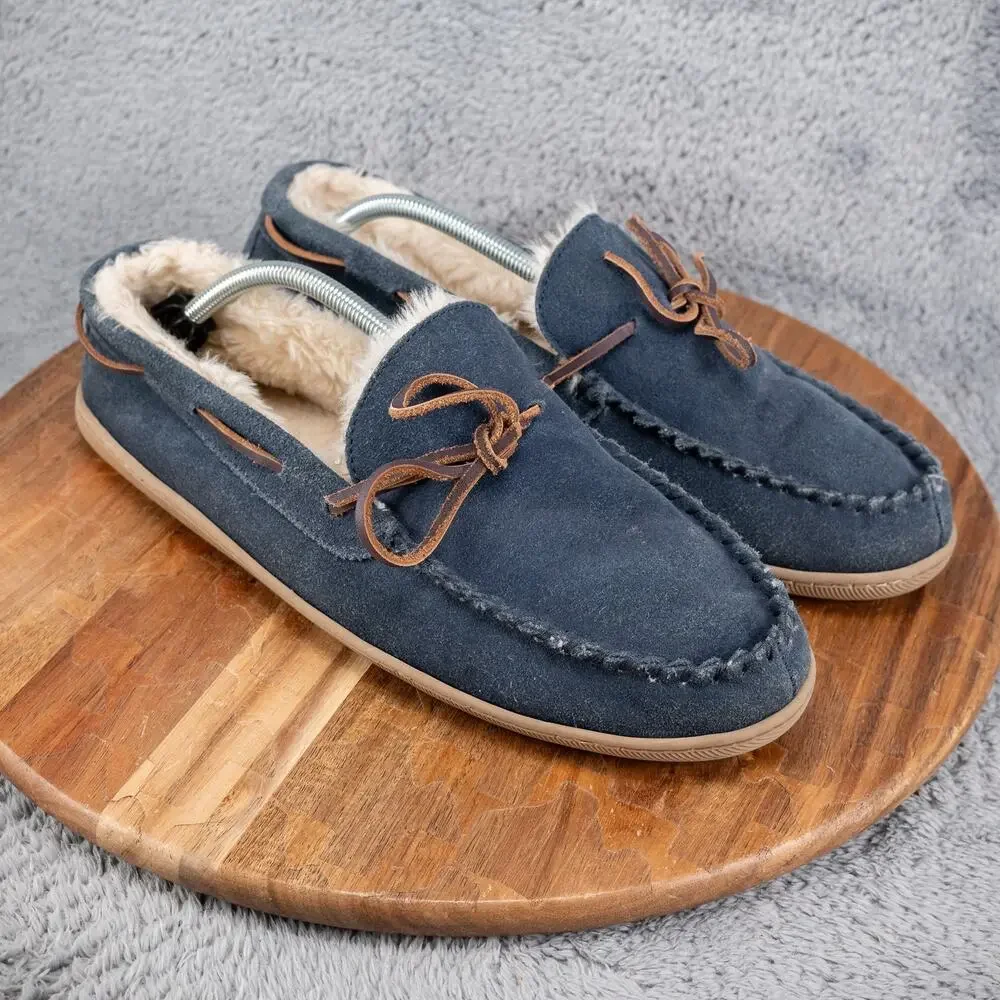 J.Crew Mens Moccasin Slippers‎ Size 12 Navy Blue Faux Fur Lined Comfort Shoes